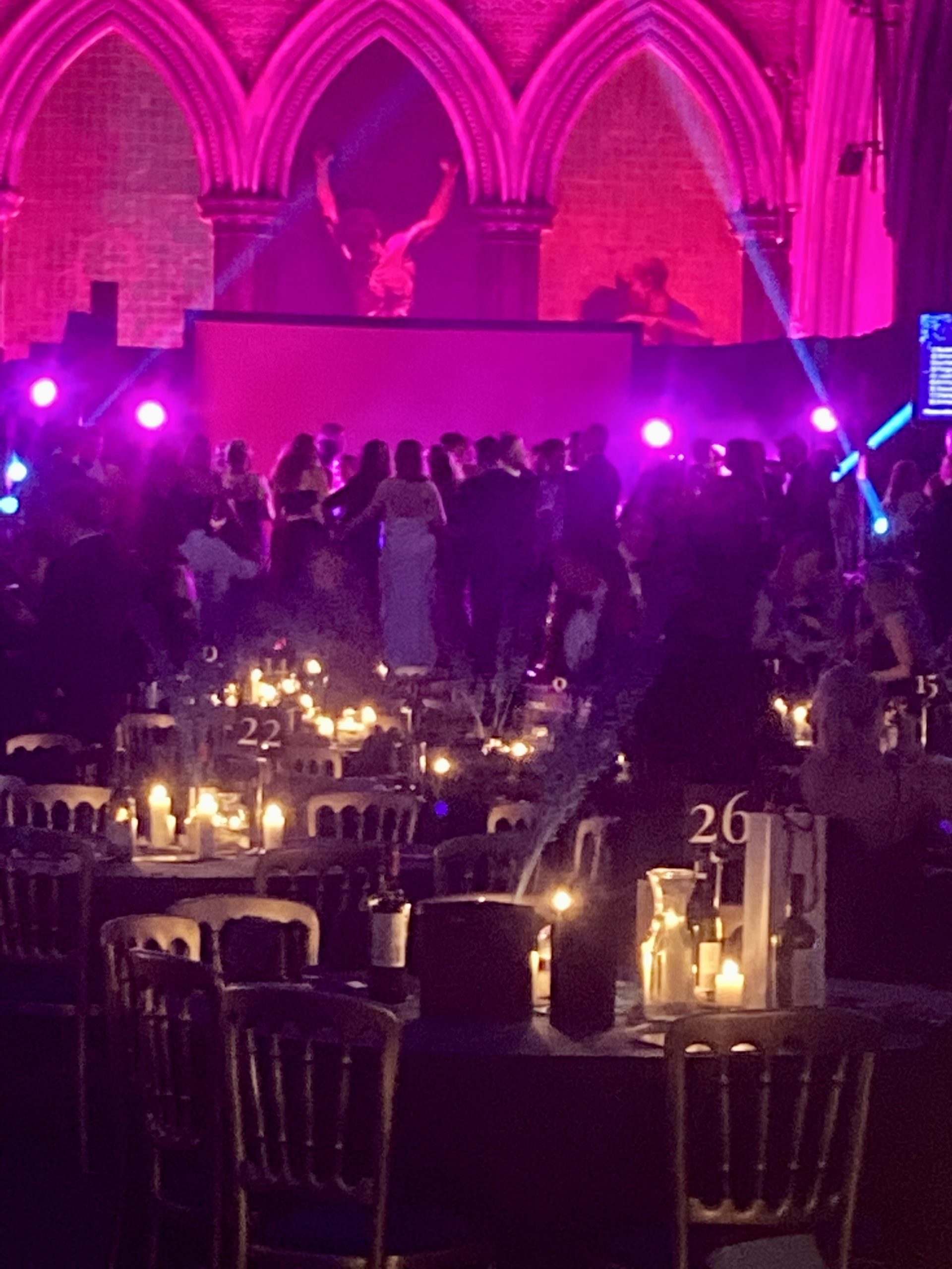 Festive event with candlelit tables